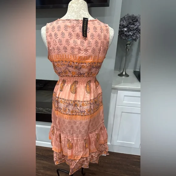 Chaudry KC 100% Silk Coral Ruffle Floral Sleeveless Dress Size M - Picture 3 of 7